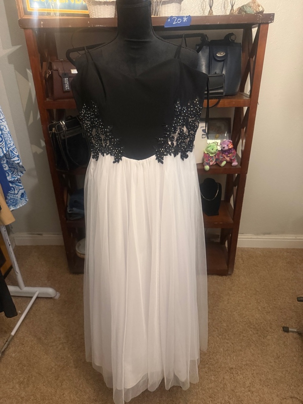 Blondie Nites Black Beaded Bodice White Tulle Maxi Dress